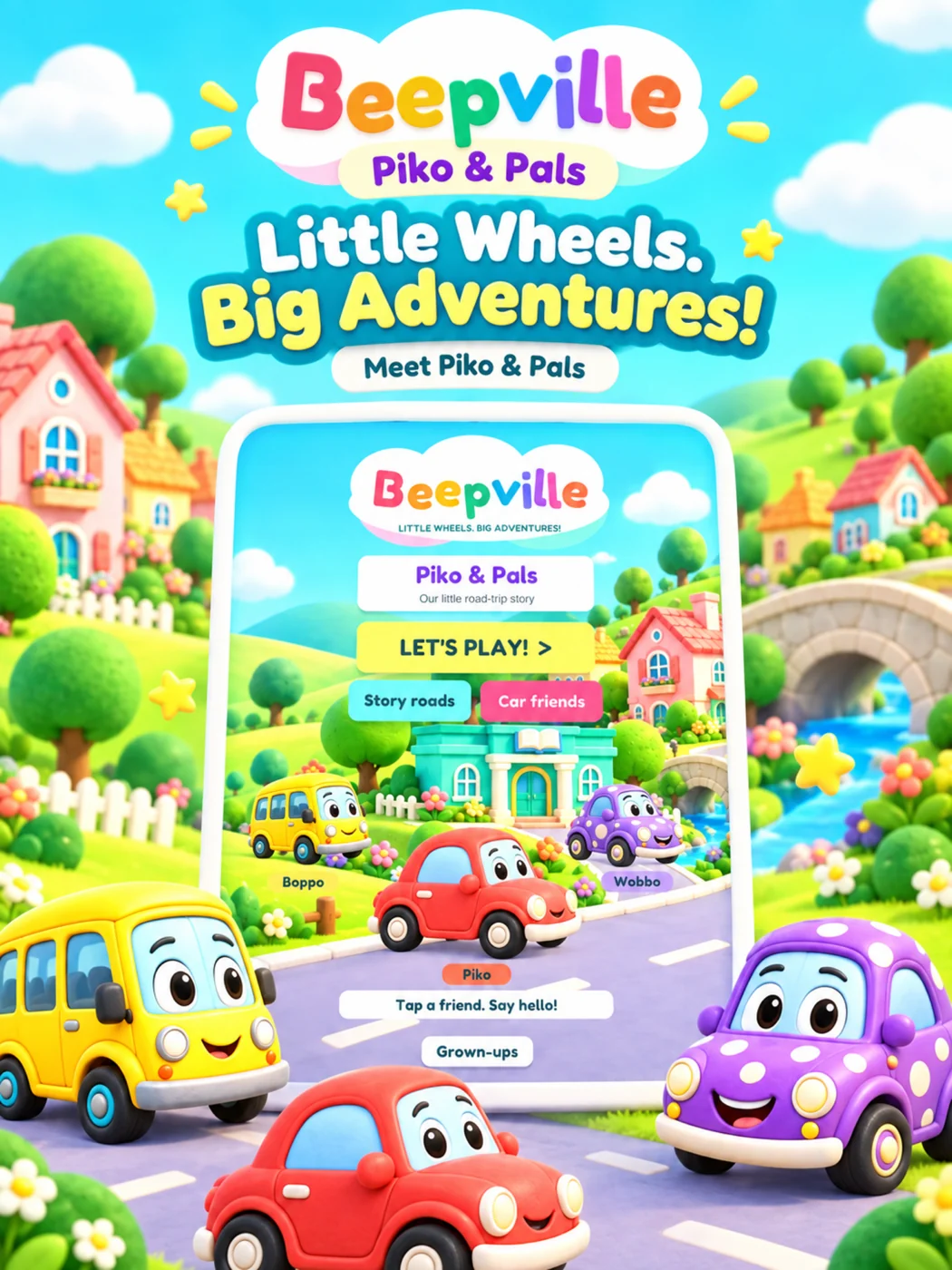Beepville promotional artwork with Piko, the red car, Boppo, the yellow bus, and Wobbo, the purple car.